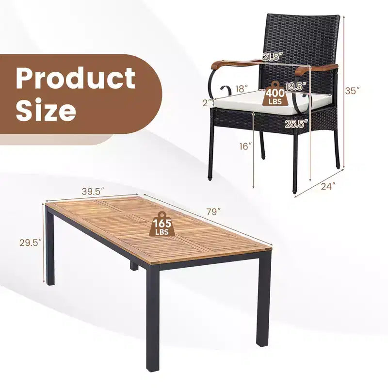 Set da Pranzo Costway 9 Pezzi in Rattan da Esterno con Tavolo in Legno di Acacia, Cuscini, Foro per Ombrellone da 1,9