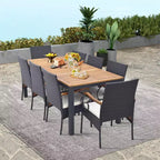 Set da Pranzo Costway 9 Pezzi in Rattan da Esterno con Tavolo in Legno di Acacia, Cuscini, Foro per Ombrellone da 1,9