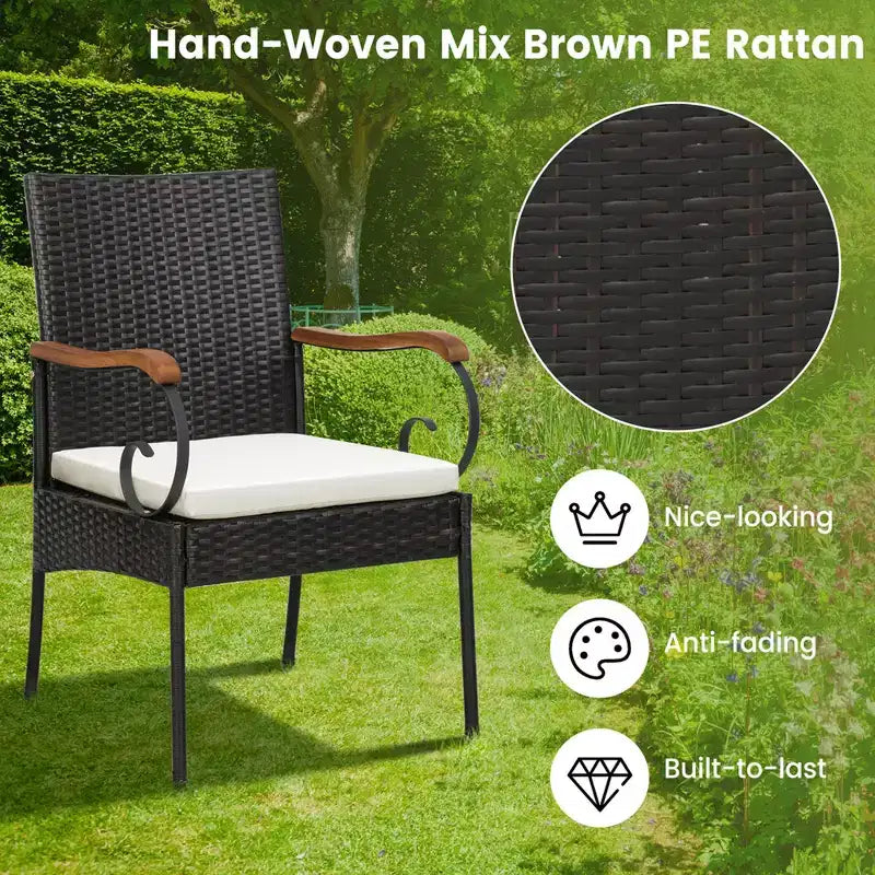 Set da Pranzo Costway 9 Pezzi in Rattan da Esterno con Tavolo in Legno di Acacia, Cuscini, Foro per Ombrellone da 1,9