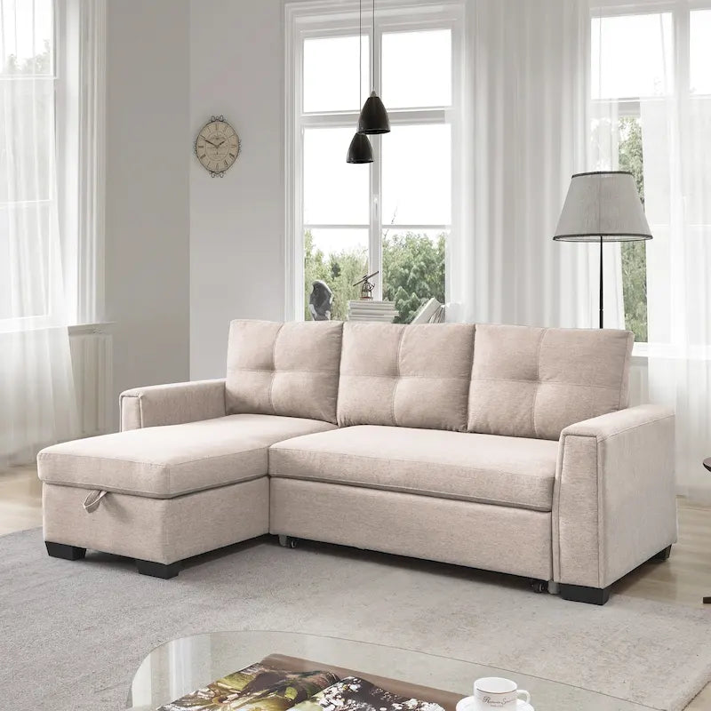 Divano Letto Componibile con Chaise Longue Capitonnè e Contenitore