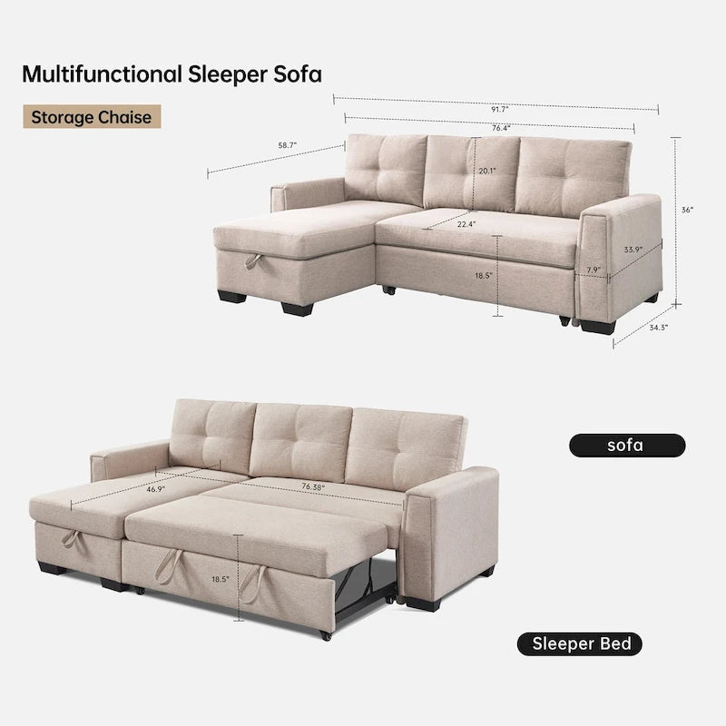 Divano Letto Componibile con Chaise Longue Capitonnè e Contenitore