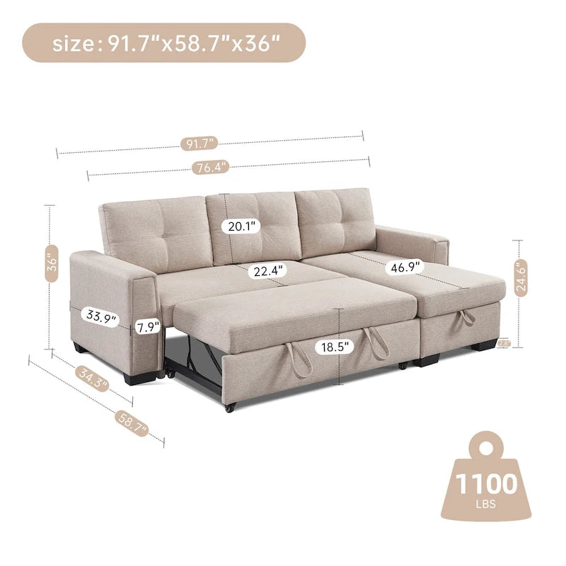 Divano Letto Componibile con Chaise Longue Capitonnè e Contenitore
