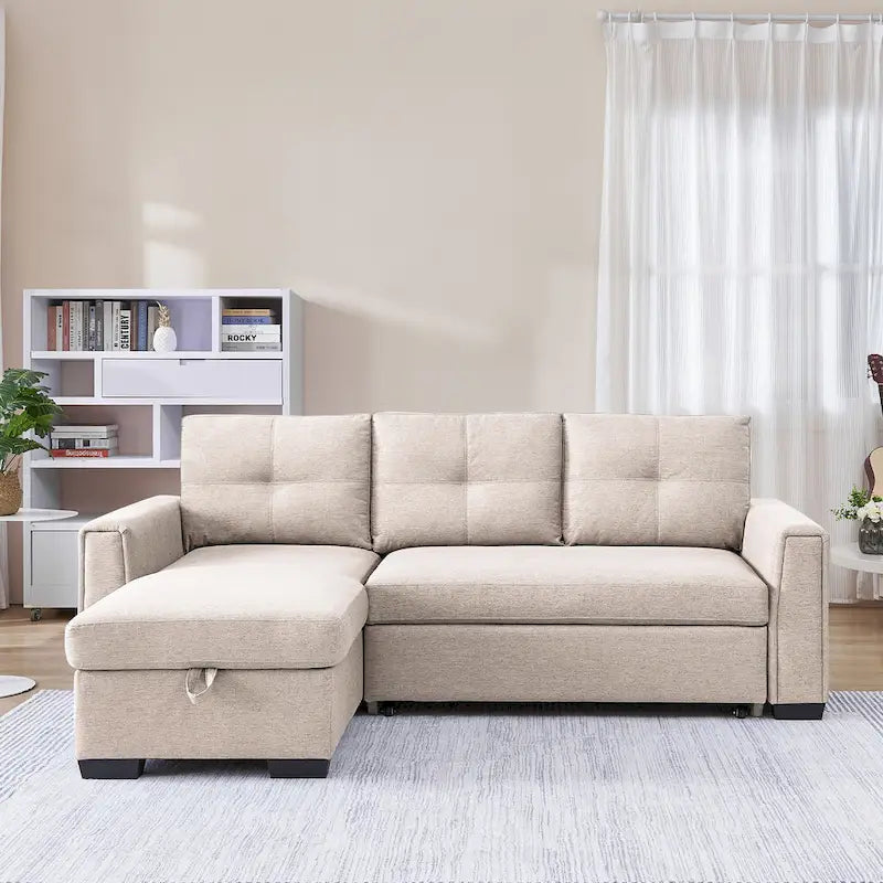 Divano Letto Componibile con Chaise Longue Capitonnè e Contenitore