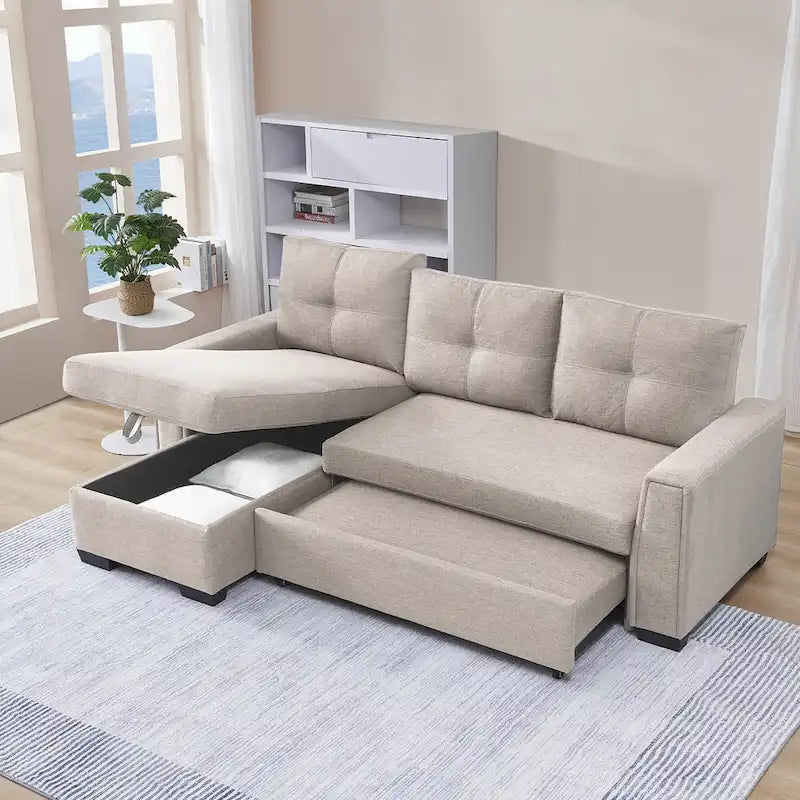 Divano Letto Componibile con Chaise Longue Capitonnè e Contenitore