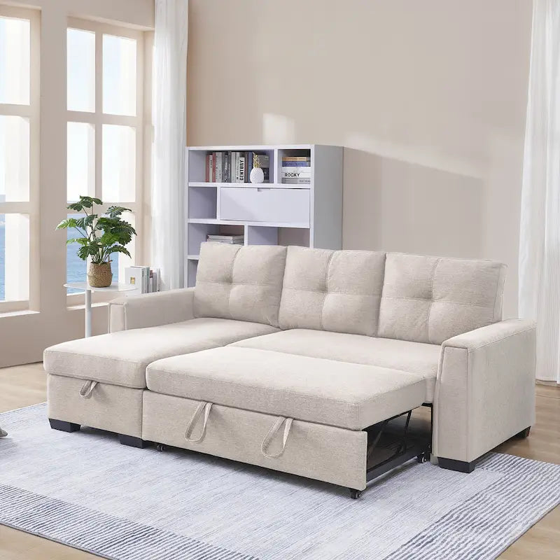 Divano Letto Componibile con Chaise Longue Capitonnè e Contenitore