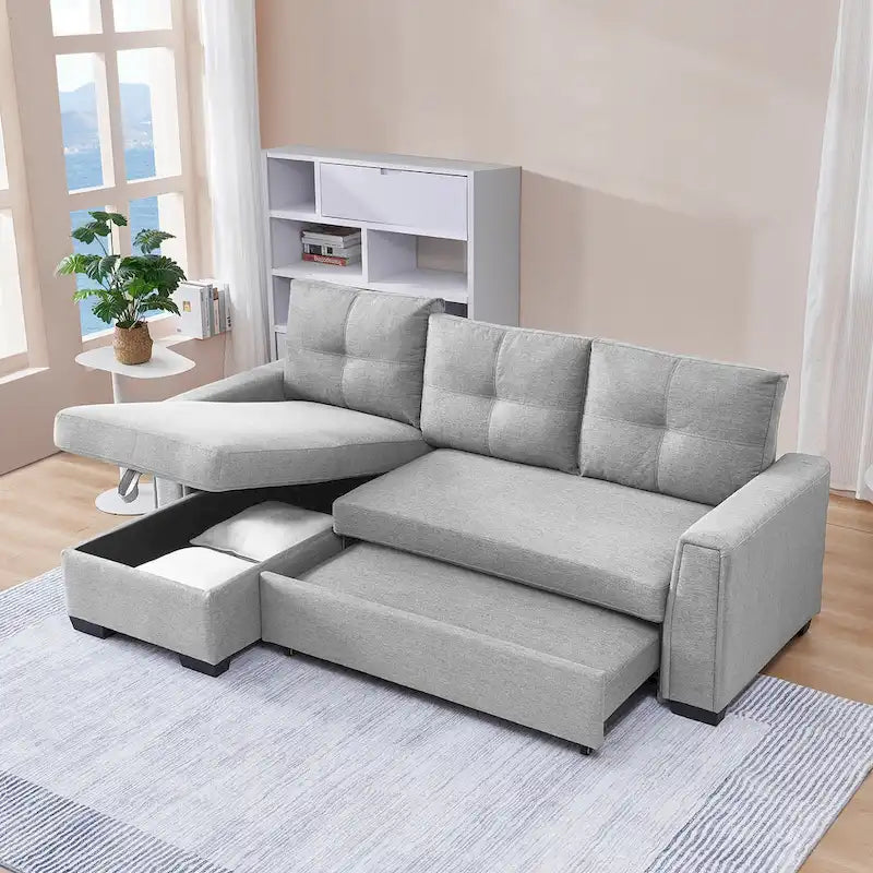 Divano Letto Componibile con Chaise Longue Capitonnè e Contenitore