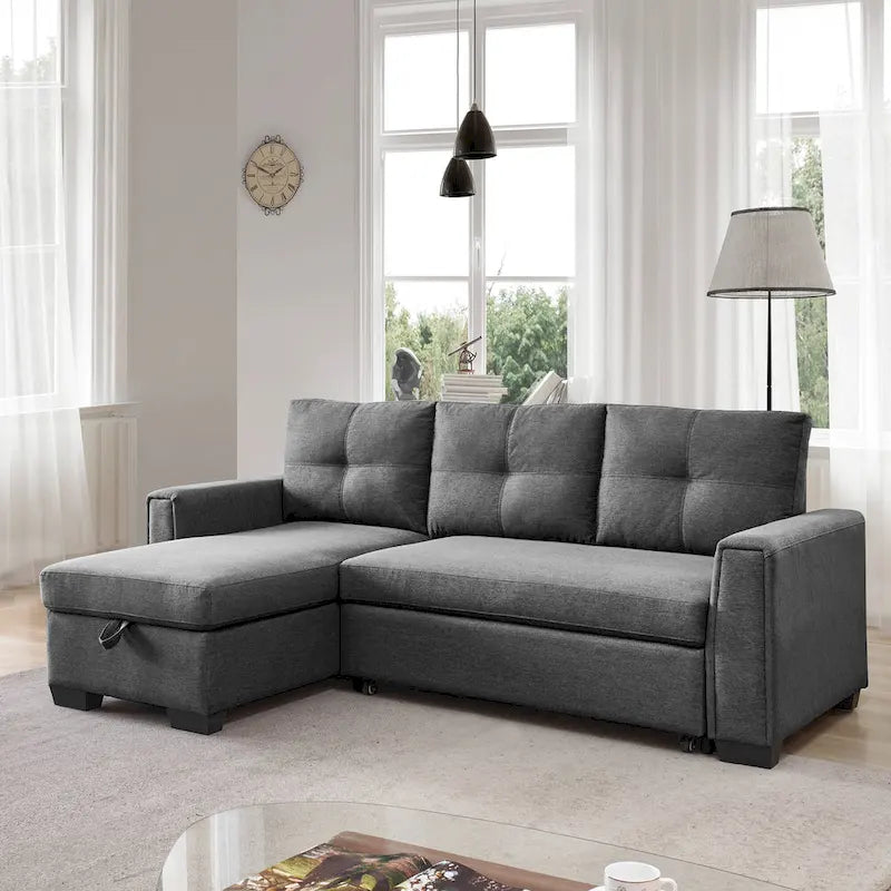 Divano Letto Componibile con Chaise Longue Capitonnè e Contenitore
