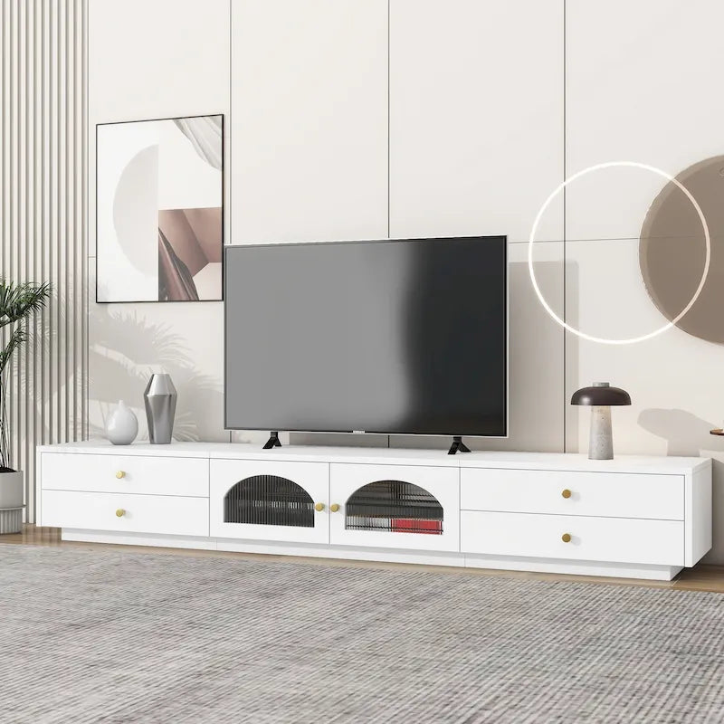 Mobile TV di Lusso da 86 pollici, con ante in vetro scanalato e quattro cassetti - 15,70 x 86,60 x 12,80