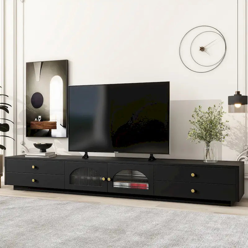 Mobile TV di Lusso da 86 pollici, con ante in vetro scanalato e quattro cassetti - 15,70 x 86,60 x 12,80