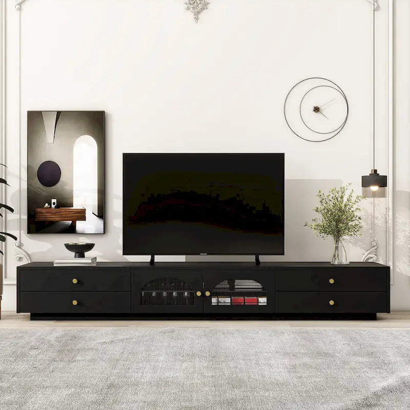 Mobile TV di Lusso da 86 pollici, con ante in vetro scanalato e quattro cassetti - 15,70 x 86,60 x 12,80