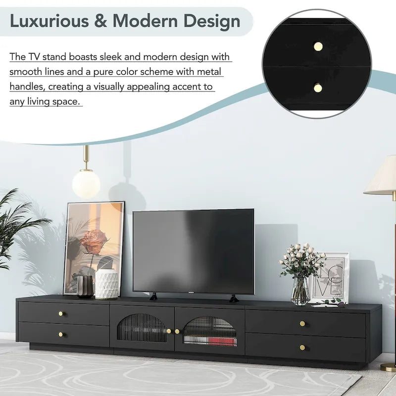 Mobile TV di Lusso da 86 pollici, con ante in vetro scanalato e quattro cassetti - 15,70 x 86,60 x 12,80