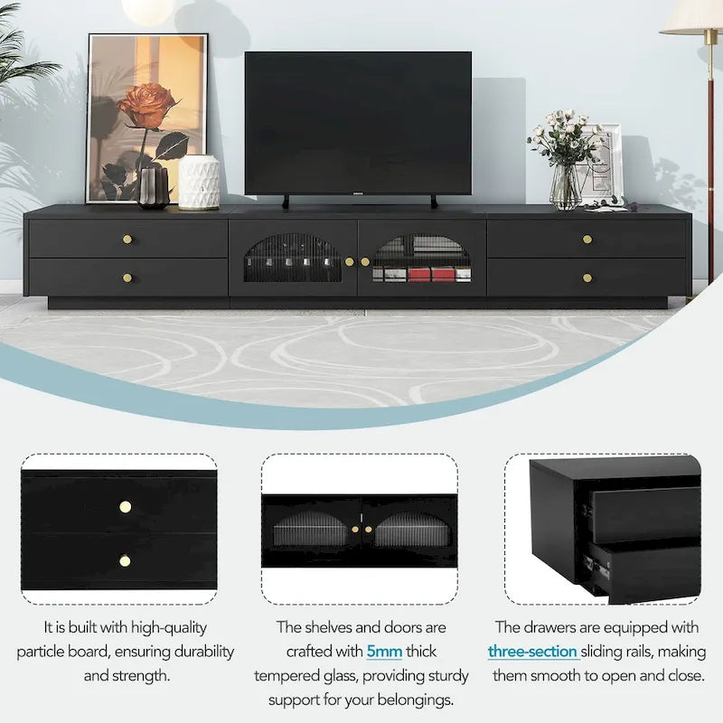 Mobile TV di Lusso da 86 pollici, con ante in vetro scanalato e quattro cassetti - 15,70 x 86,60 x 12,80