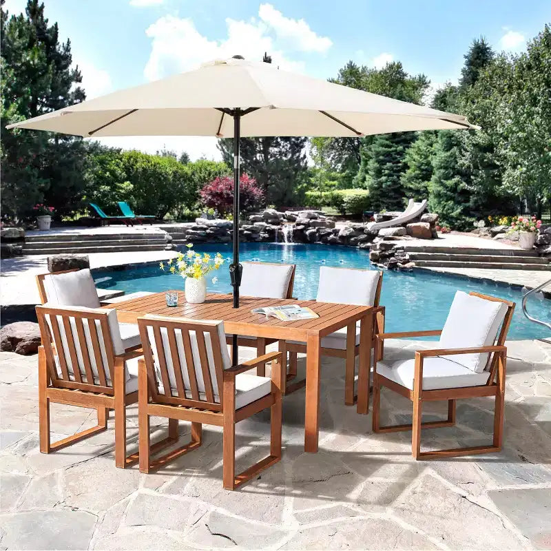 Set da pranzo da esterno 8 pezzi Alaterre Furniture, tavolo Weston con ombrellone a palo decentrato da 3 metri e sistema di inclinazione automatico