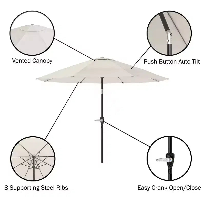 Set da pranzo da esterno Alaterre Furniture 8 pz, tavolo Okemo con ombrellone a inclinazione automatica da 3 m