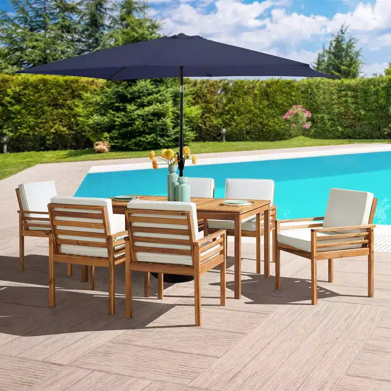 Set da pranzo da esterno Alaterre Furniture 8 pezzi, tavolo Okemo con ombrellone rettangolare da 3 m