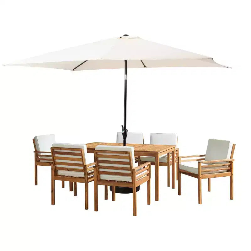 Set da pranzo da esterno Alaterre Furniture 8 pezzi, tavolo Okemo con ombrellone rettangolare da 3 m