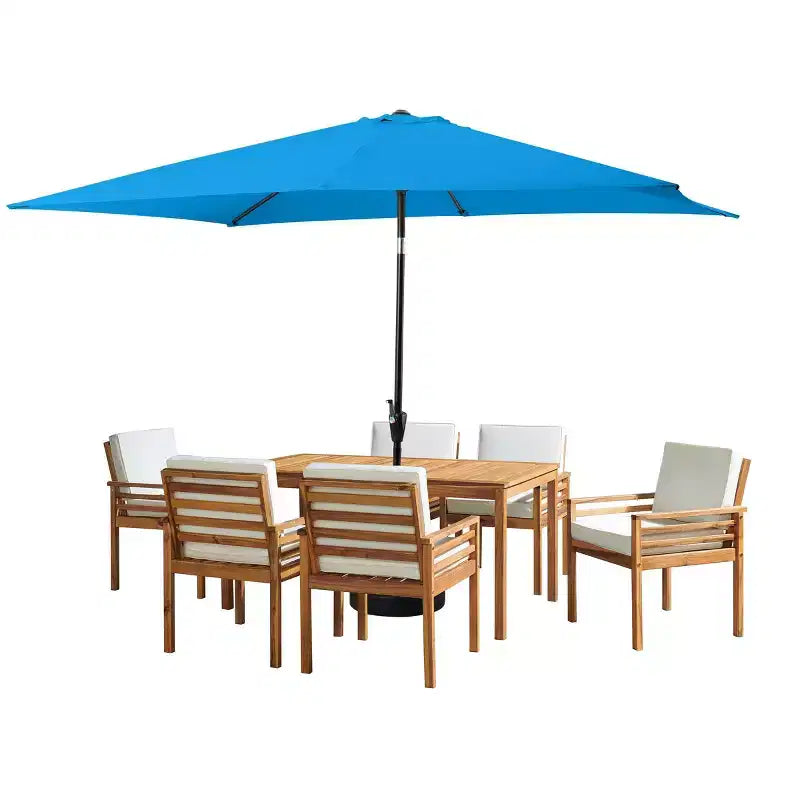Set da pranzo da esterno Alaterre Furniture 8 pezzi, tavolo Okemo con ombrellone rettangolare da 3 m