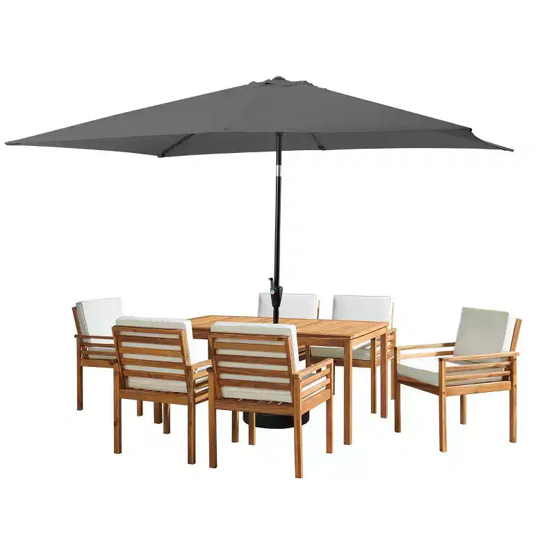 Set da pranzo da esterno Alaterre Furniture 8 pezzi, tavolo Okemo con ombrellone rettangolare da 3 m