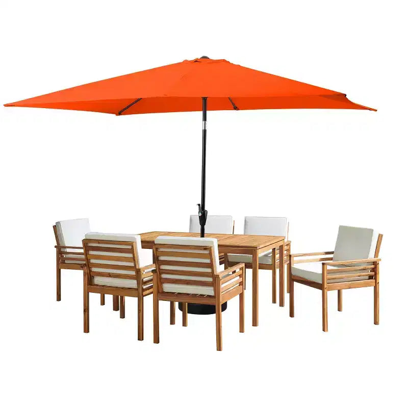 Set da pranzo da esterno Alaterre Furniture 8 pezzi, tavolo Okemo con ombrellone rettangolare da 3 m
