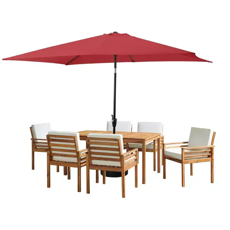 Set da pranzo da esterno Alaterre Furniture 8 pezzi, tavolo Okemo con ombrellone rettangolare da 3 m