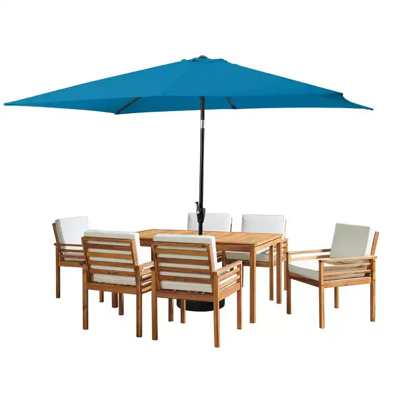 Set da pranzo da esterno Alaterre Furniture 8 pezzi, tavolo Okemo con ombrellone rettangolare da 3 m