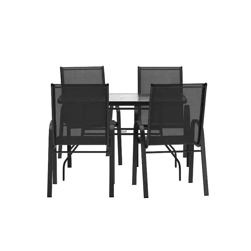 Merrick Lane Ensemble de salle à manger d'extérieur 5 pièces pour 4 avec table de patio en verre et 4 chaises empilables en matériau Flex Comfort