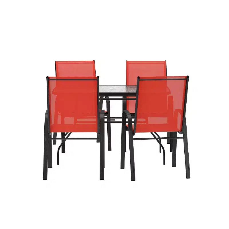 Merrick Lane Ensemble de salle à manger d'extérieur 5 pièces pour 4 avec table de patio en verre et 4 chaises empilables en matériau Flex Comfort