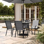 Set da pranzo da esterni Flash Furniture Brazos 5 pezzi di grado commerciale con tavolo da patio in vetro temperato e 4 sedie con sedute e schienali in materiale Flex Comfort