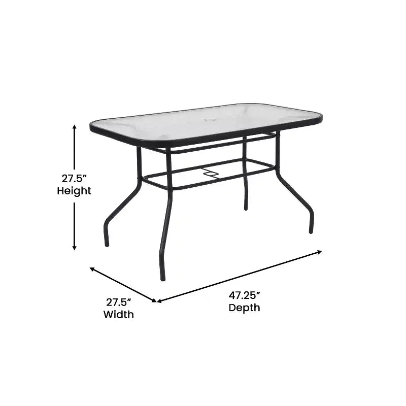 Set da pranzo da esterni Flash Furniture Brazos 5 pezzi di grado commerciale con tavolo da patio in vetro temperato e 4 sedie con sedute e schienali in materiale Flex Comfort