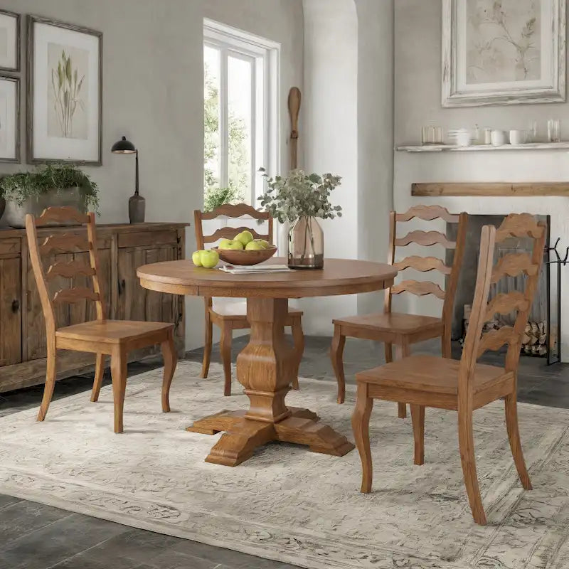 Ensemble de salle à manger Ronda 45 avec plateau rond en bois massif et chaises françaises à barreaux
