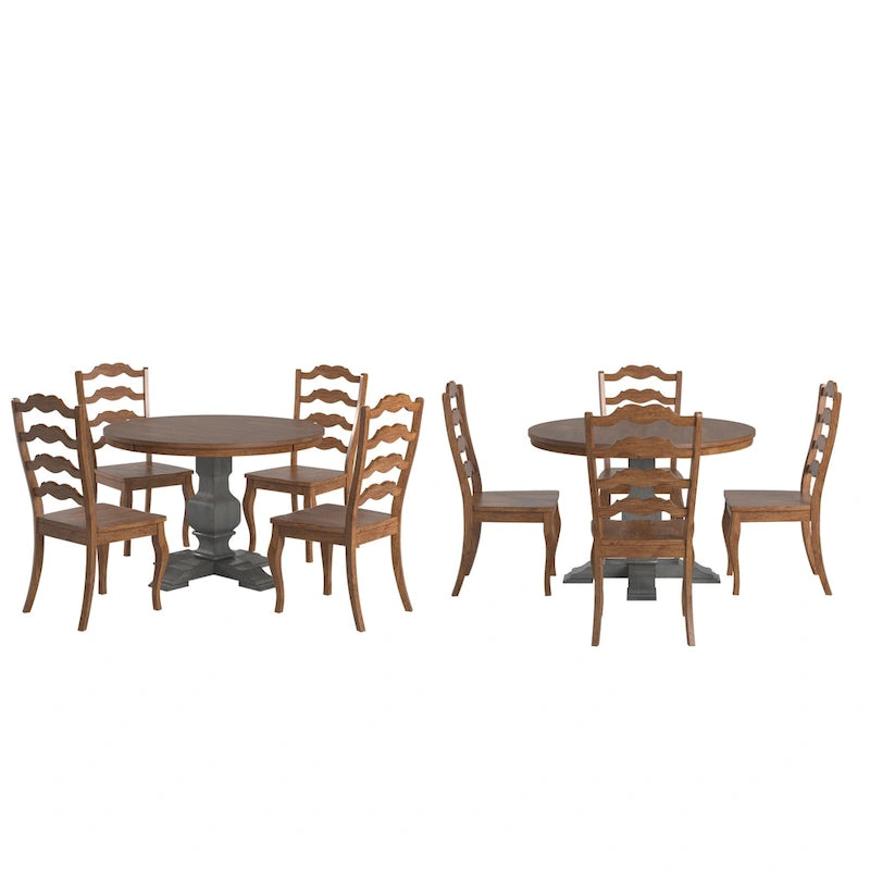 Ensemble de salle à manger Ronda 45 avec plateau rond en bois massif et chaises françaises à barreaux