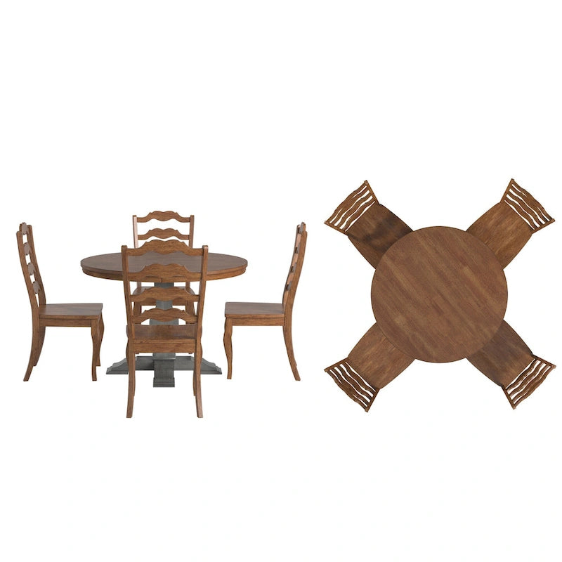 Ensemble de salle à manger Ronda 45 avec plateau rond en bois massif et chaises françaises à barreaux