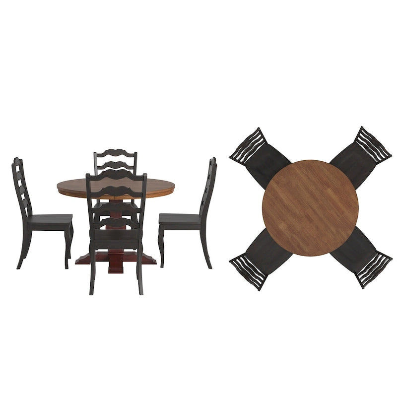 Ensemble de salle à manger Ronda 45 avec plateau rond en bois massif et chaises françaises à barreaux