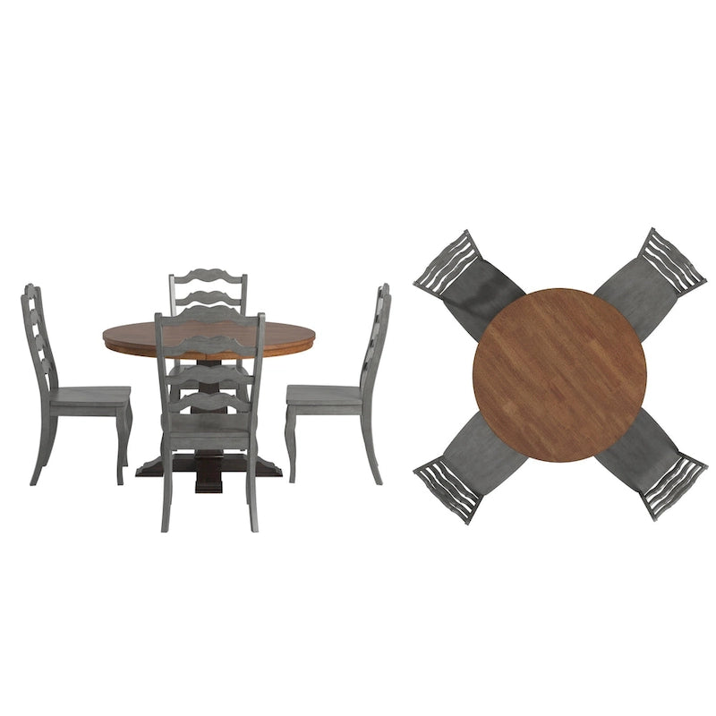 Ensemble de salle à manger Ronda 45 avec plateau rond en bois massif et chaises françaises à barreaux