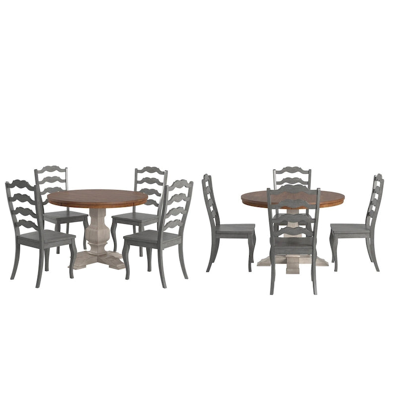 Ensemble de salle à manger Ronda 45 avec plateau rond en bois massif et chaises françaises à barreaux