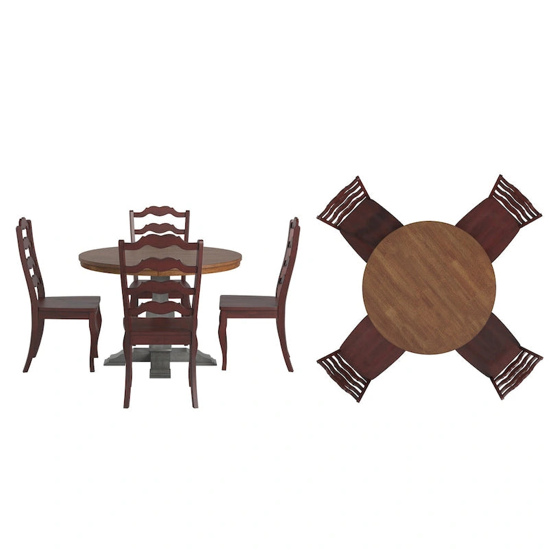 Ensemble de salle à manger Ronda 45 avec plateau rond en bois massif et chaises françaises à barreaux