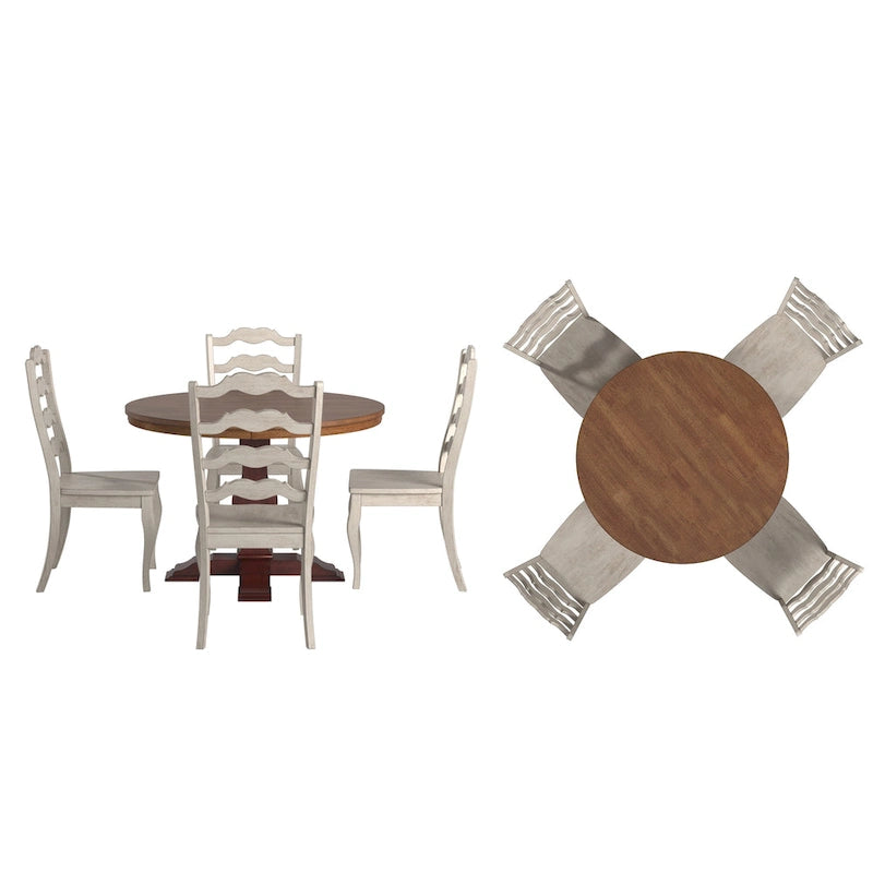 Ensemble de salle à manger Ronda 45 avec plateau rond en bois massif et chaises françaises à barreaux