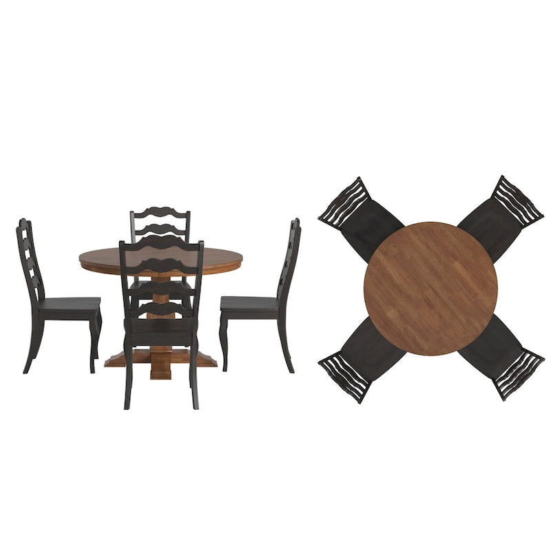Ensemble de salle à manger Ronda 45 avec plateau rond en bois massif et chaises françaises à barreaux