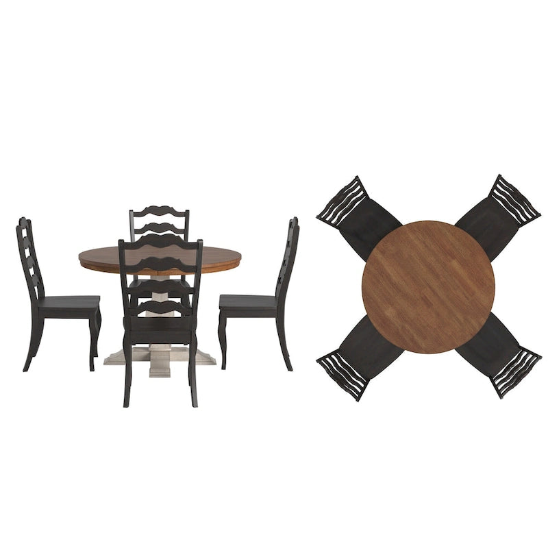 Ensemble de salle à manger Ronda 45 avec plateau rond en bois massif et chaises françaises à barreaux