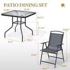 Crestlive Products Set da pranzo da esterno 5 pezzi con 4 sedie pieghevoli e tavolo Mobili da pranzo da esterno con piano in vetro quadrato