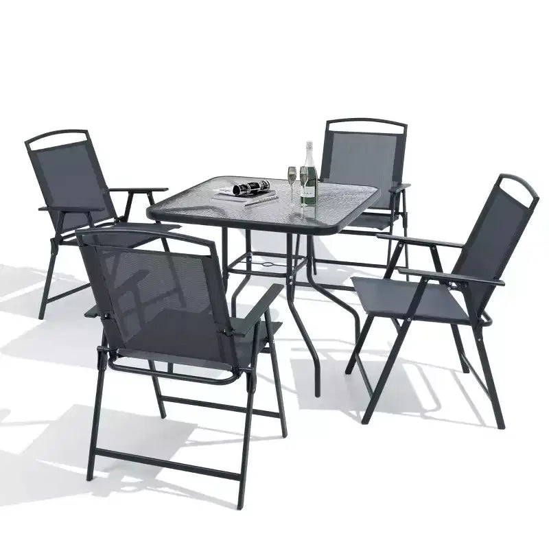 Crestlive Products Set da pranzo da esterno 5 pezzi con 4 sedie pieghevoli e tavolo Mobili da pranzo da esterno con piano in vetro quadrato