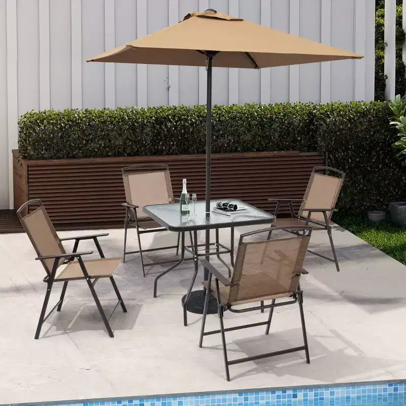 Ensemble de salle à manger Crestlive Products 6 pièces pour patio, 4 chaises pliantes, table carrée en verre trempé et parasol