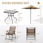 Ensemble de salle à manger Crestlive Products 6 pièces pour patio, 4 chaises pliantes, table carrée en verre trempé et parasol