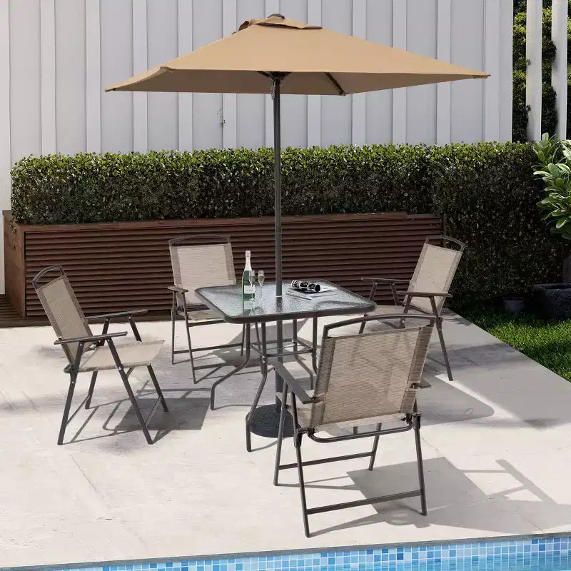 Ensemble de salle à manger Crestlive Products 6 pièces pour patio, 4 chaises pliantes, table carrée en verre trempé et parasol