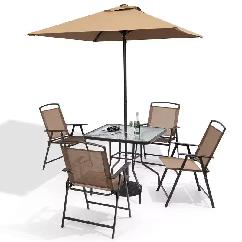 Ensemble de salle à manger Crestlive Products 6 pièces pour patio, 4 chaises pliantes, table carrée en verre trempé et parasol