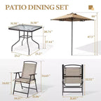 Ensemble de salle à manger Crestlive Products 6 pièces pour patio, 4 chaises pliantes, table carrée en verre trempé et parasol