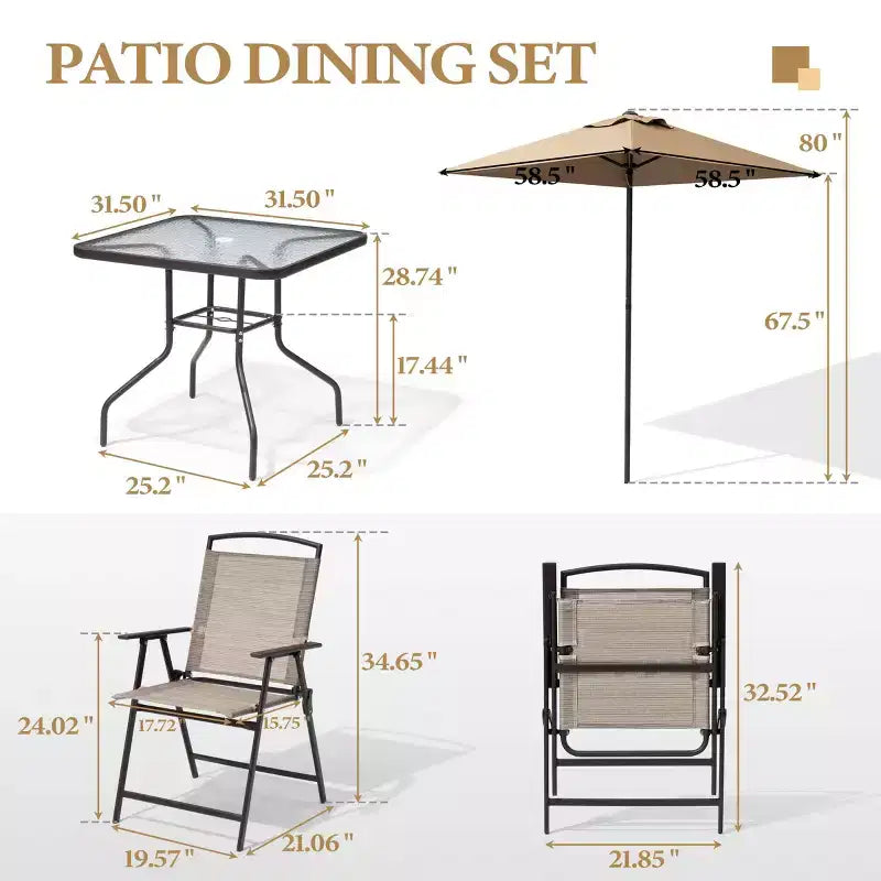 Ensemble de salle à manger Crestlive Products 6 pièces pour patio, 4 chaises pliantes, table carrée en verre trempé et parasol