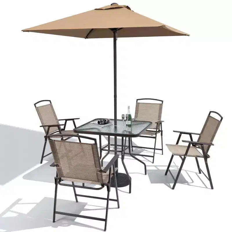 Ensemble de salle à manger Crestlive Products 6 pièces pour patio, 4 chaises pliantes, table carrée en verre trempé et parasol