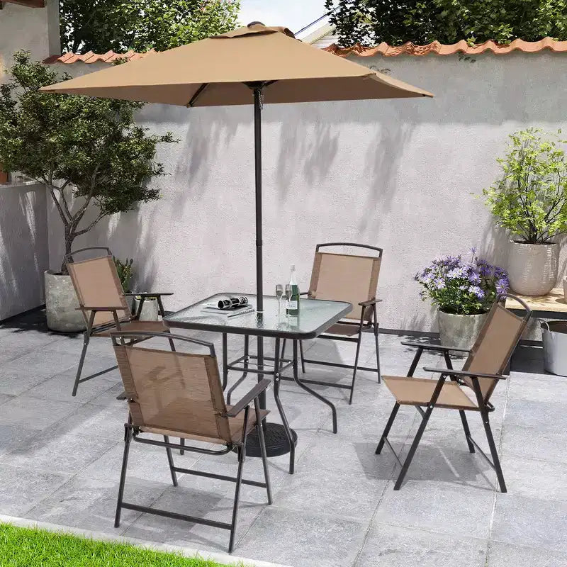Ensemble de salle à manger Crestlive Products 6 pièces pour patio, 4 chaises pliantes, table carrée en verre trempé et parasol