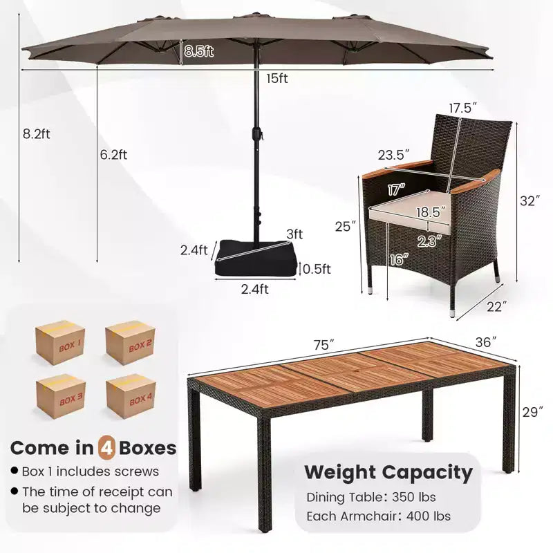 Set da pranzo da giardino Costway 11 pezzi con ombrellone a doppio lato da 4,5 m (base inclusa) beige/caffè/blu scuro/arancione/vino/grigio